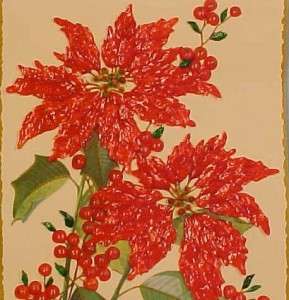 Vintage POINSETTIA FLOWERS & BERRIES CHRISTMAS CARD w OVERLAY PETALS 