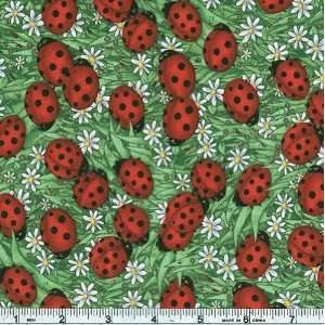  45 Wide Lady Bugs & Daisies Green Fabric By The Yard 