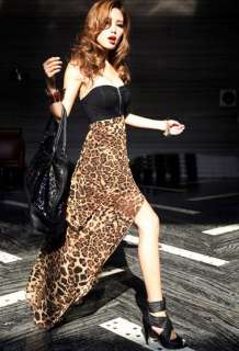 Women Sexy Chiffon Bustier Party Maxi Dress Leopard Pattern  