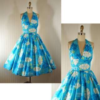 Vintage 50s Dress ISLAND TEMPTRESS Blue Cotton Hawaiian Atomic Halter 