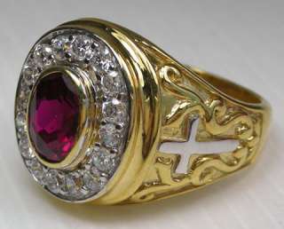 RUBY CHRISTIAN BISHOP YELLOW GOLD STERLING SILVER RING  