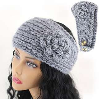 Crochet Flower Accent Headband Head Wrap Dark Gray Knitted Head Band 