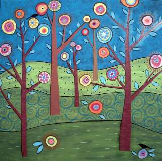 Blooming Trees and Birds 8x10 CANVAS Folk Art Giclee Print Karla 