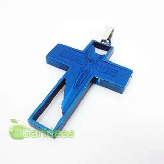   Blue Stainless Steel Jesus Cross Chain Pendant Necklace Cool Item ID