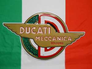 VINTAGE DUCATI MOTORCYCLE MECCANICA BOLOGNA DEALER SIGN EMBOSSED PARTS 