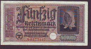 NICE BANKNOTE NAZI GERMANY 50 REICHSMARK w SWASTIKA #.3447  