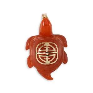    Solid 14k Gold Long Life Turtle Charm Red Agate Pendant: Jewelry