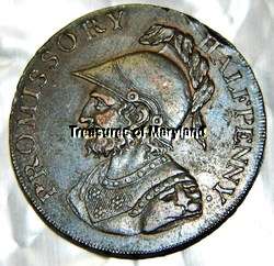 DETAILED OLD ENGLISH COIN 1794 SAILING SHIP COLONIAL HALFPENNY 