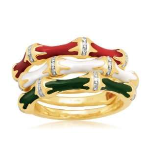 Sterling Silver Enamel Bamboo Diamond Stack Ring (1/10 cttw, I J Color 