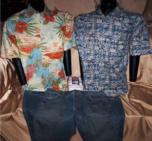 Lot of Mens M Hawaiian Shirts and Levi 34 X 32 Jeans  