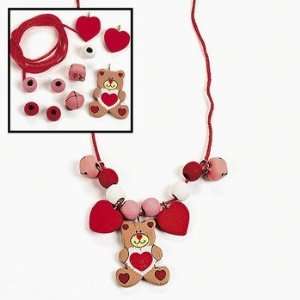    12 Wooden Beaded Valentine Bear Necklace Craft Kit: Toys & Games