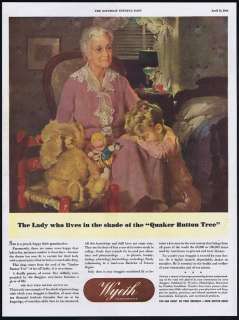 1944 Wyeth Drug Strychnine Grandmother Quaker Button Ad  
