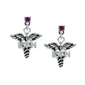  Caduceus with LVN Hot Pink Swarovski Post Charm Earrings 