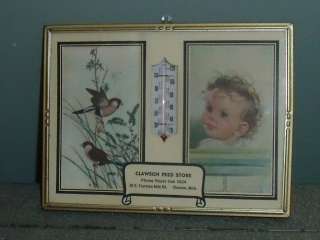 VINTAGE CLAWSON FEED STORE THERMOMETER,CALENDAR & FRAME  