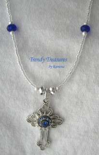 Vintage Cross Pendant Necklace,Blue Stones,Earrings too 