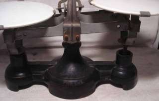 old Cast Iron BALANCE SCALE w/ White Porcelain Trays  