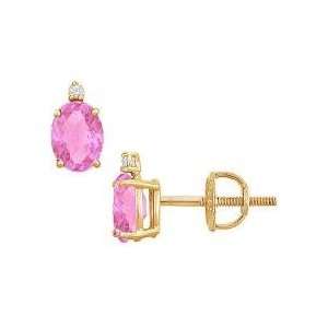  Diamond and Pink Sapphire Stud Earrings : 14K Yellow Gold 