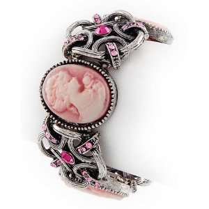  Burnished Silvertone Pink Cameo Stretch Bangle Bracelet Jewelry