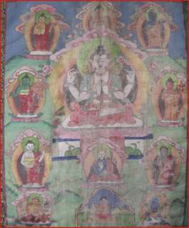 19THC ANTIQUE CHENREZIG BUDDHA THANKA PAINTING TIBET  