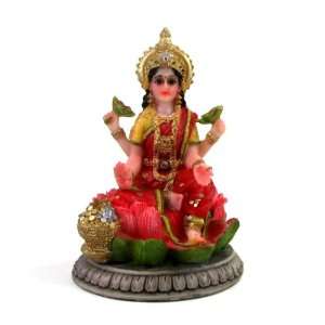 Hindu Goddess Durga Sitting on Lotus Flower Polyresin Figurine, Full 