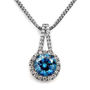  1.53ct Fancy Blue Round Diamond Pendant Necklace 18k White 