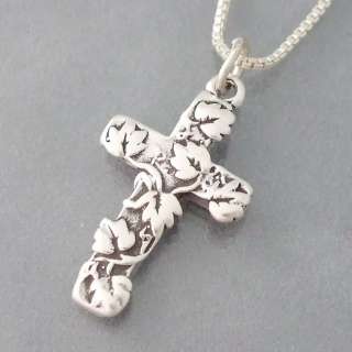 Cross with Vine Leaves Sterling Silver Pendant Charm  