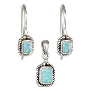 Sterling Silver Rectangle Synthetic Blue Opal Earrings and Pendant Set 