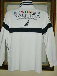 Nautica mens white cotton L/S signal flag series rugby polo sailing 