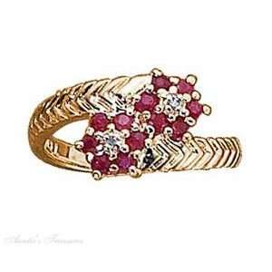  Gold Vermeil Ruby Flower Bypass Ring Diamond Chips Size 6 