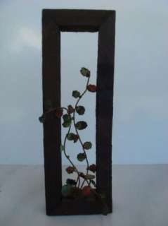 Vintage Metal Floral Art Sculpture W Wooden Wall Frame  