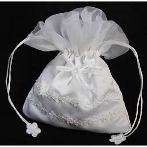  White Satin Beaded Wedding Money Bag or Purse for Weddings 