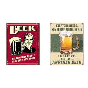 Nostalgic Beer Humor Tin Metal Sign Bundle   2 retro signs Helping 