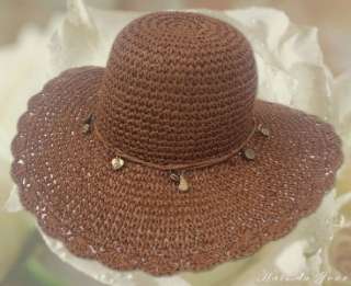 Scala Womens Brown Crocheted Toyo Straw Hat w/Charms  