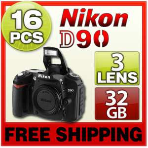 Nikon D90 SLR Camera Body & 32GB 3 Lenses 16PCS 837654916148  