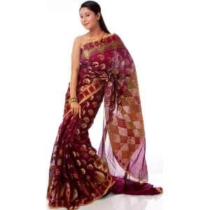  Purple Banarasi Sari with Woven Paisleys   Pure Silk 