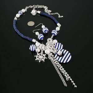  Sailor Nautical Navy White Stripes Pinup Style Necklace 
