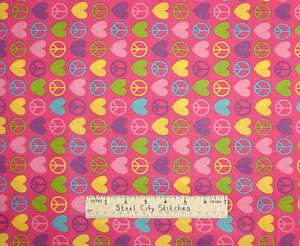 Peace Signs Hearts Pink Retro 60s Themed NEW Cotton Novelty David 