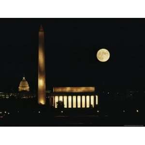 Lincoln Memorial, Washington Monument, Capitol and a Full Rising Moon 
