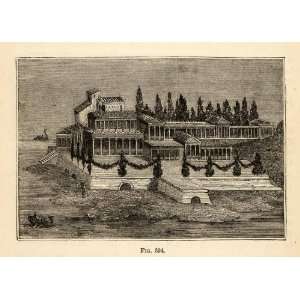  Wood Engraving Roman Villa Pompeii Architecture Palace Sea Columns 
