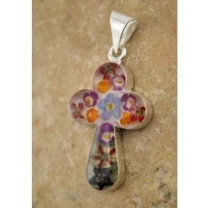   Sterling Silver Cross with Real Flowers   Multi colored   1 inch