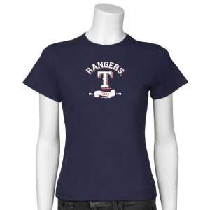  Texas Rangers Navy Blue Ladies Banner T shirt Sports 