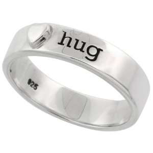 Sterling Silver Flawless Quality HUG Ring Band w/ Teeny Heart, 3/16 