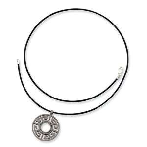  Round Greek Key Titanium Pendant Leather Cord Necklace 