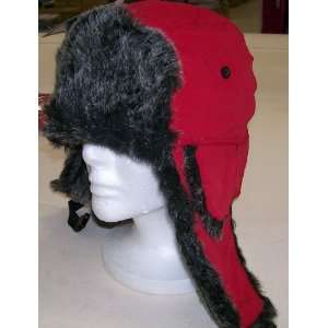  Fox Faux Fur Trooper Bomber Aviator Ski Hat Red w/Black 