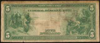 LARGE 1914 $5 DOLLAR BILL FEDERAL RESERVE NOTE Fr 848 OLD PAPER MONEY 