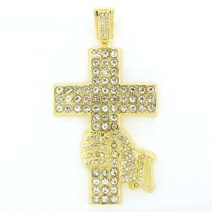 Mens Iced Out Hip Hop 14K Gold Plated Crystal Cross in Hand Religious 