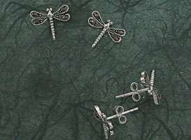 Sterling Silver Marcasite Dragonfly Post Earrings, New  