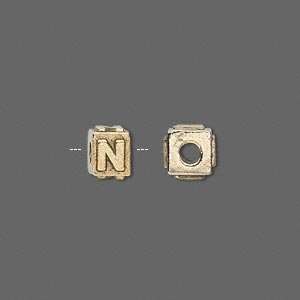  #763 Gold pewter, 8x6mm alphabet cube, letter N   sold per 