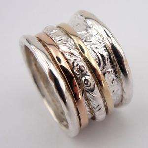 Israeli jewelry spinning ring silver 9 ct gold floral  
