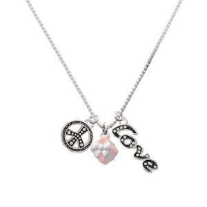 Small 3 D Pink Present Box with Silver Bow, Peace, Love Charm Necklace 